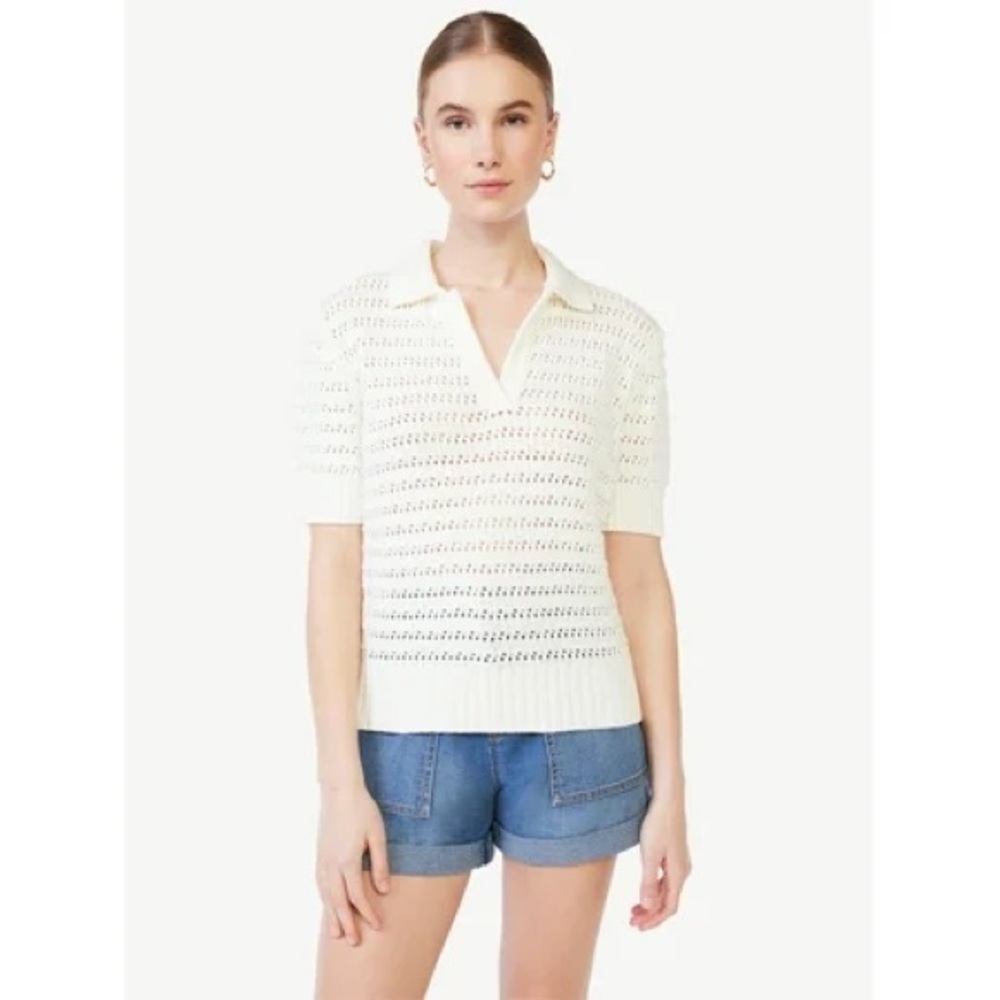 Scoop Women's Openwork Crochet Polo Shirt XL